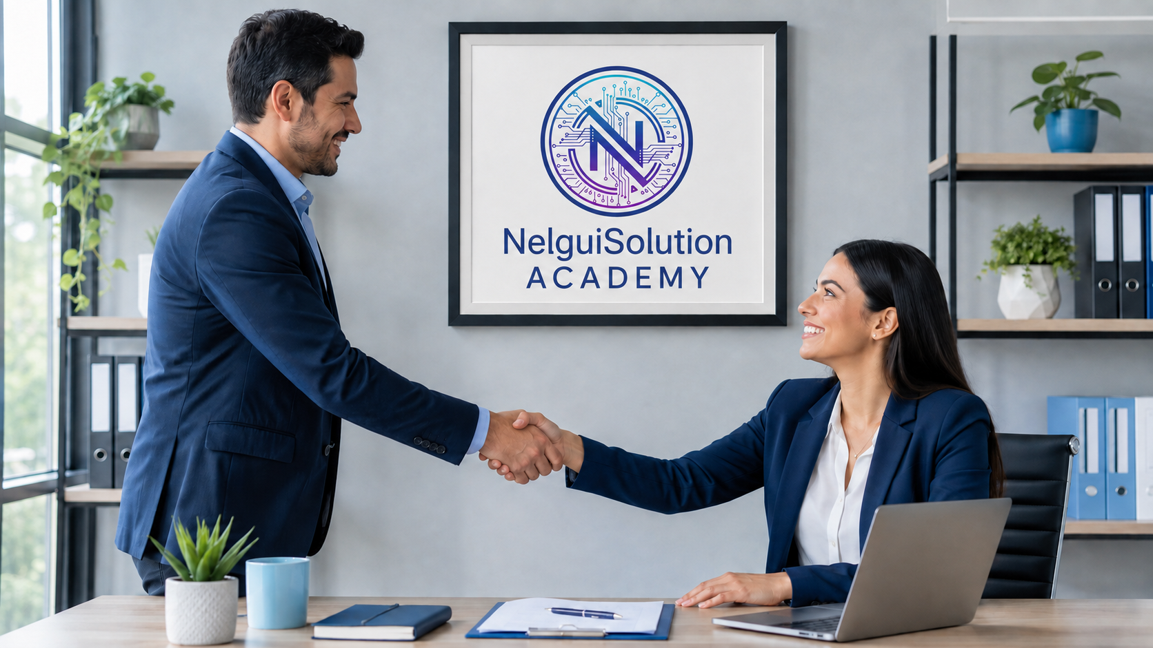 Dos profesionales celebrando un acuerdo de formación con un certificado de NelguiSolution Academy